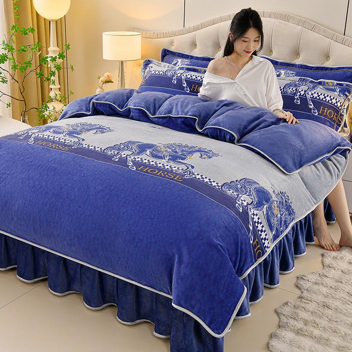 Cozy Flannel 230g Milk Velvet Printed Bed Set with Skirt - New Autumn/Winter Collection, Hot Seller