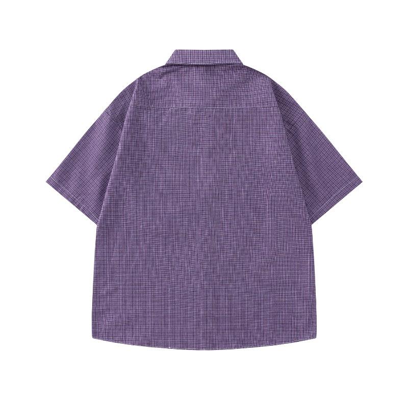 Japanese Retro Streamer Decorative Purple Plaid Short-sleeved Shirt Summer Loose Casual Lapel Shirt for Men and Women