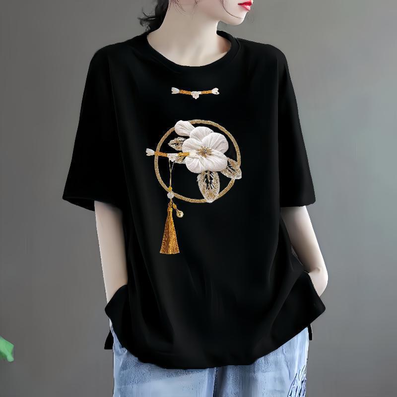 Women Summer Flower embroidery Short Sleeve Casual T-shirts