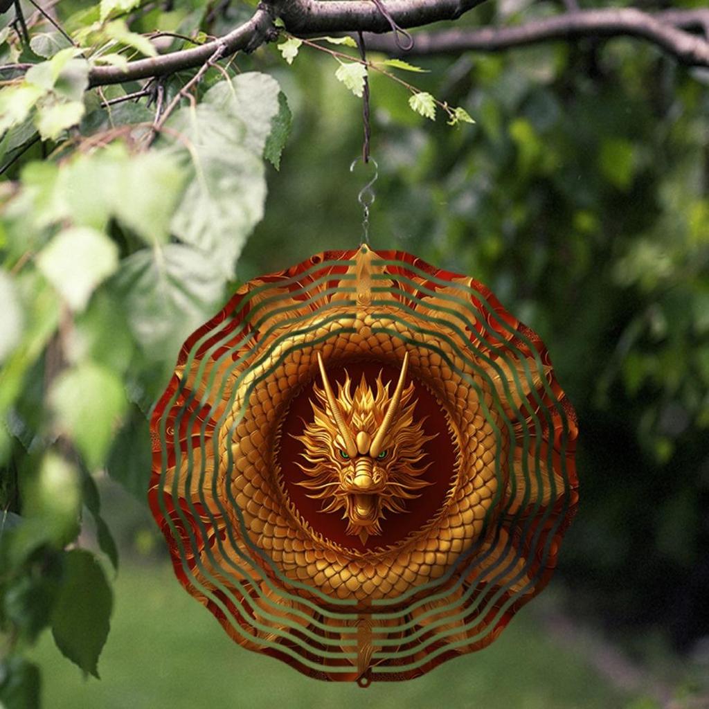 Golden Dragon Hanging Wind Spinner - 360° Rotating Metal Garden Decor with Fierce Dragon Design, Vibrant Red & Golden Colors