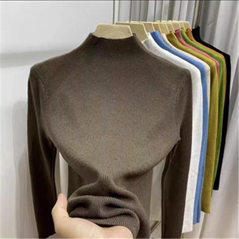 

Осенне-зимняя женская нижняя рубашка, однотонный свитер, тонкая блузка с длинными рукавами, трикотаж с полувысоким воротником One Size темно-коричневого