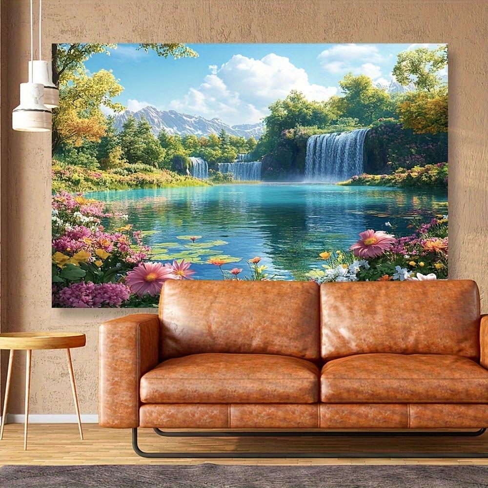 1pc Landscape with Forest and River Background Vivid Flowers and Waterfalls Suitable for Indoor/outdoor Holiday Decorations