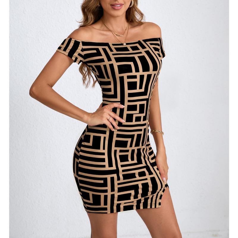 Popolare Abito Sexy da Donna alla Moda Europea e Americana, aderente, slim-fit, stampato, monospalla