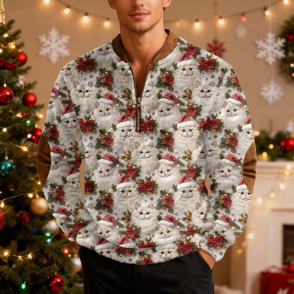 Men's Casual Christmas-printed Semi-zipper Retro Long-sleeved Sweatshirt