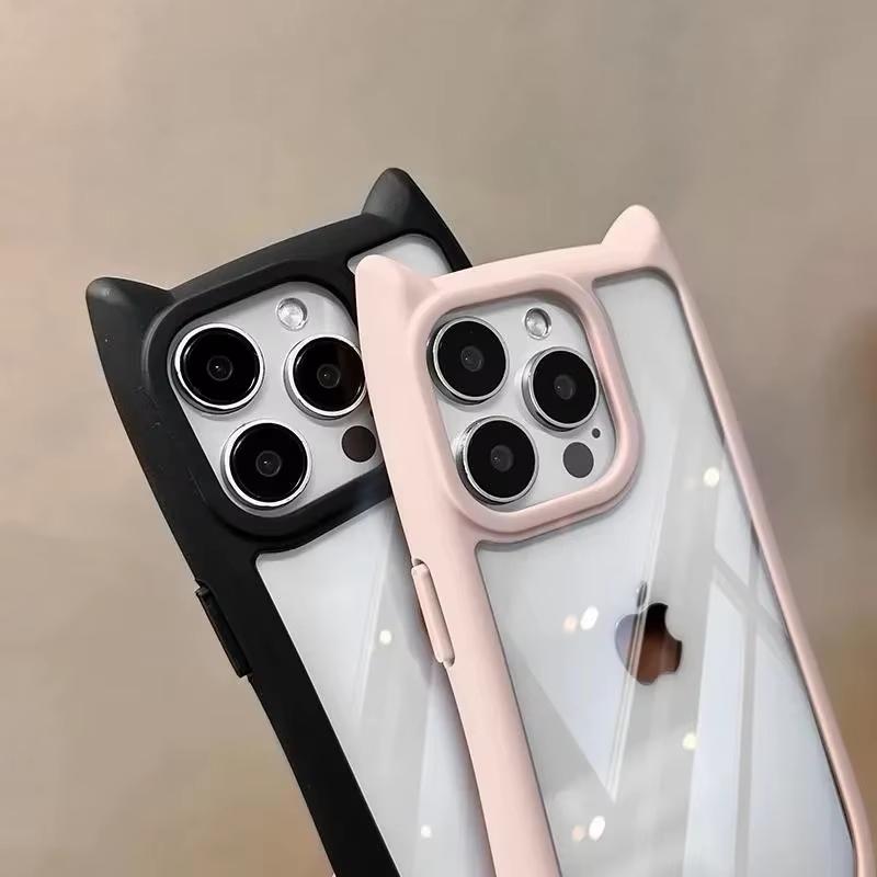 Soft Silicone Cute Cat Ear Phone Case For iPhone 16 17 15 13 14 12 11 18 Pro Max XS Max Funda Transparent Shockproof Back Cover