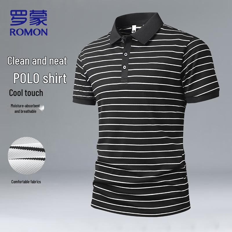 ROMON Men's Striped Quick-Dry Cool-Feel Polo Shirt