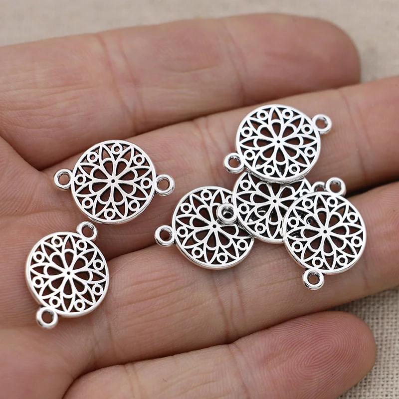 10Pcs Antique Silver Plated Round Flower Charm Connectors For Jewelry Making Bracelet Accessories Diy Findings