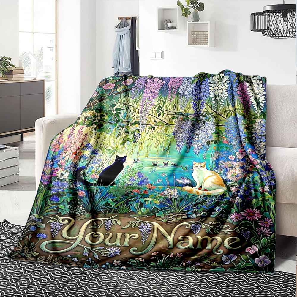 Name Custom Cute Cat Print Flannel Blanket High Quality Warm Comfortable Cover for All Seasons Perfect for Gifts Home Decor