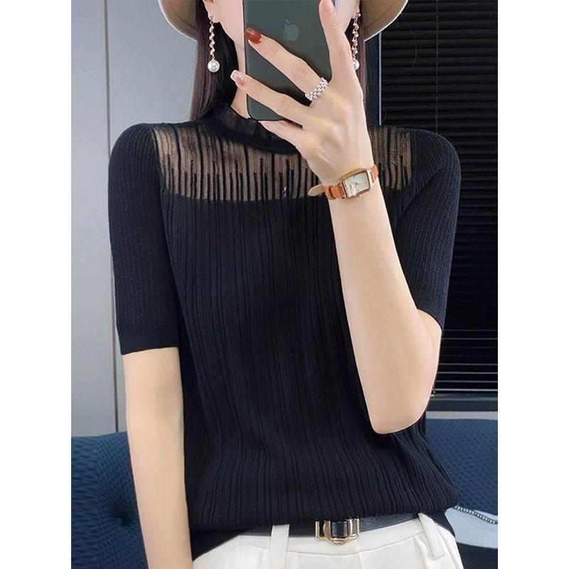 

Летняя тонкая разноцветная водолазка с коротким рукавом, вязаная базовая футболка в французском стиле, со стойкой и кружевом Black 2XL