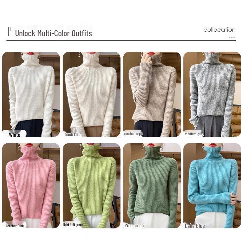 High-Neck Ribbed 100% Wool Seamless Sweater