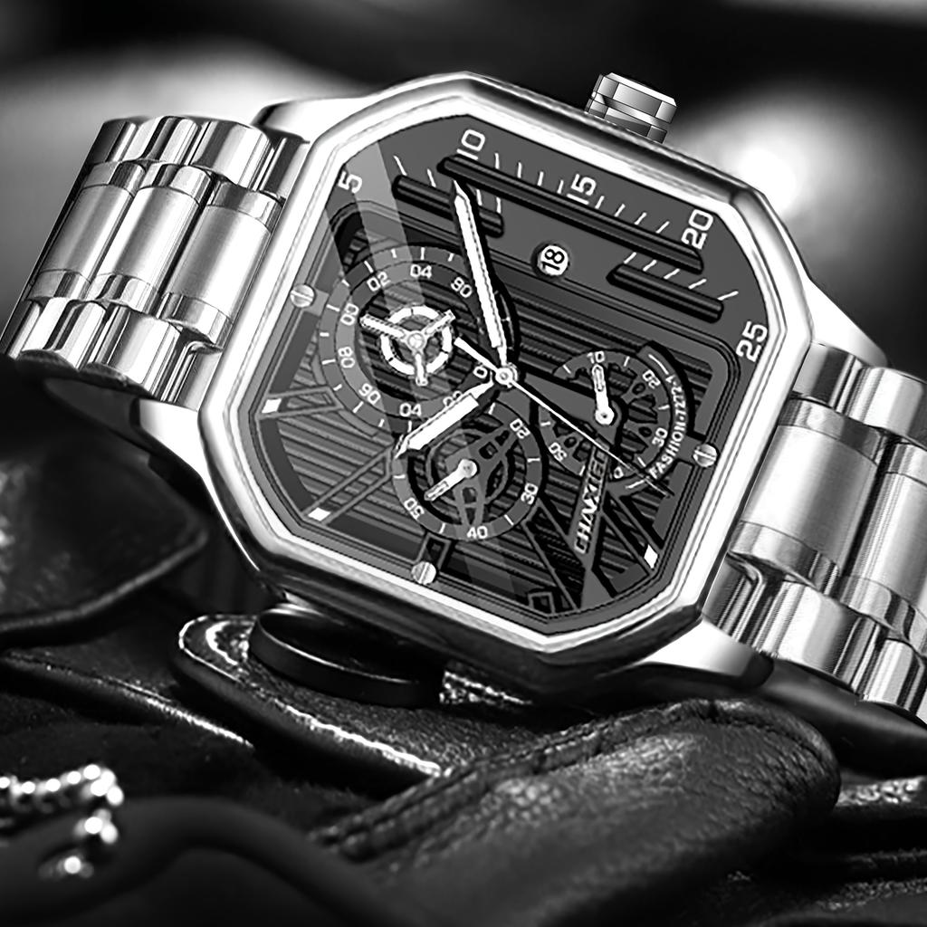 Luxury Men Clock Luminous Calendar Week Man Wristwatch Sports Stainless Steel Quartz Men's Watches