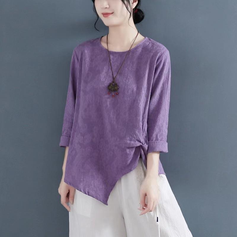 

Весна Осень Сезонный Художественный Хлопок Конопля Сложенный Короткий Рукав Футболка Для Женщин С Неровными Свободными Подолами Для Эффекта Похудения Блузки И Рубашки 2XL фиолетовый