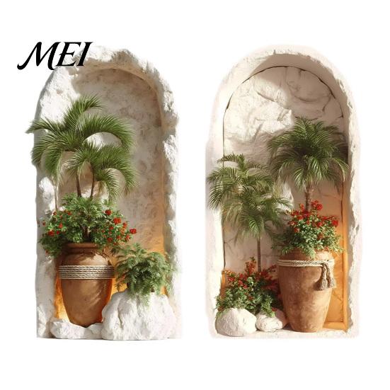 Modern Minimalist Room Accents 2Pcs 3D Tropical Plant Wall Sticker for Home Decor, Arched Niche Window Decal, Non Fading Murals Bathroom Realistic PVC