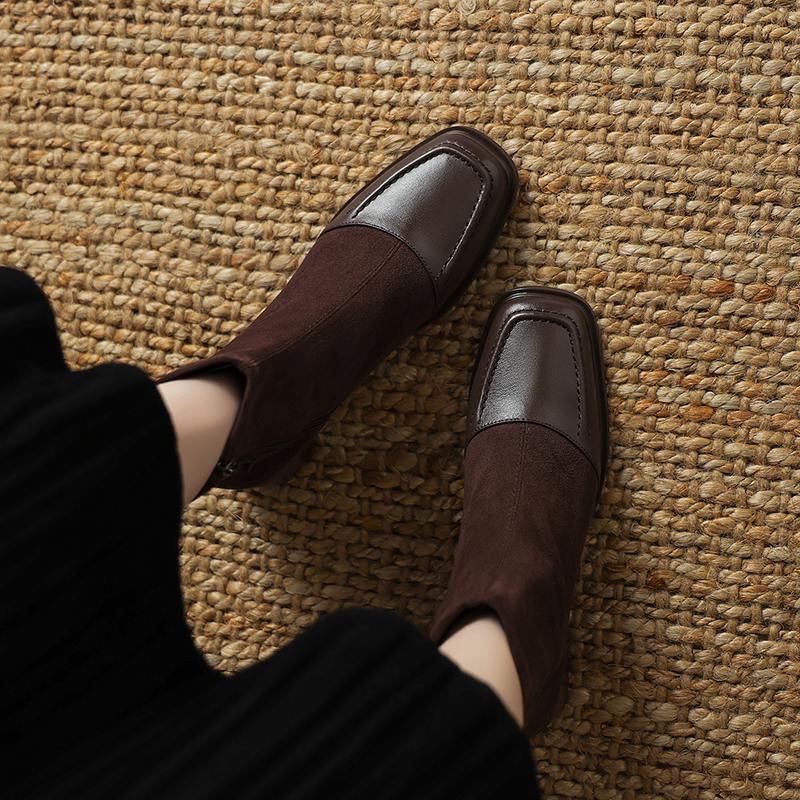 Krazing Pot Cow Skin Winter Square Toe Chelsea Boots Med Heels Zipper Women Flock Patch Work Ankle Boots