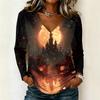 Womens Halloween Long Sleeve Pullover Top V Neck Casual Halloween Haunted House Print Sweatshirt Lightweight Pullover Shirt
