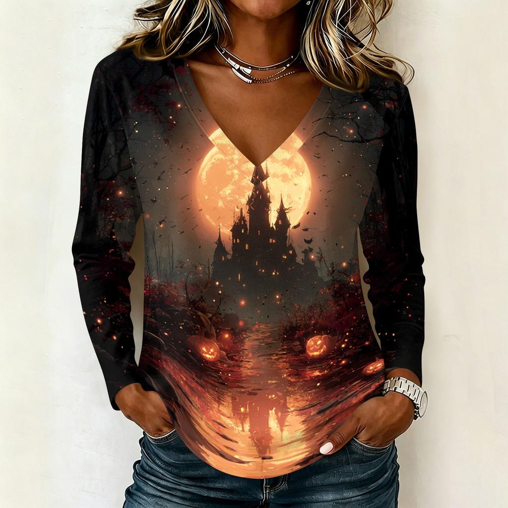 Womens Halloween Long Sleeve Pullover Top V Neck Casual Halloween Haunted House Print Sweatshirt Lightweight Pullover Shirt