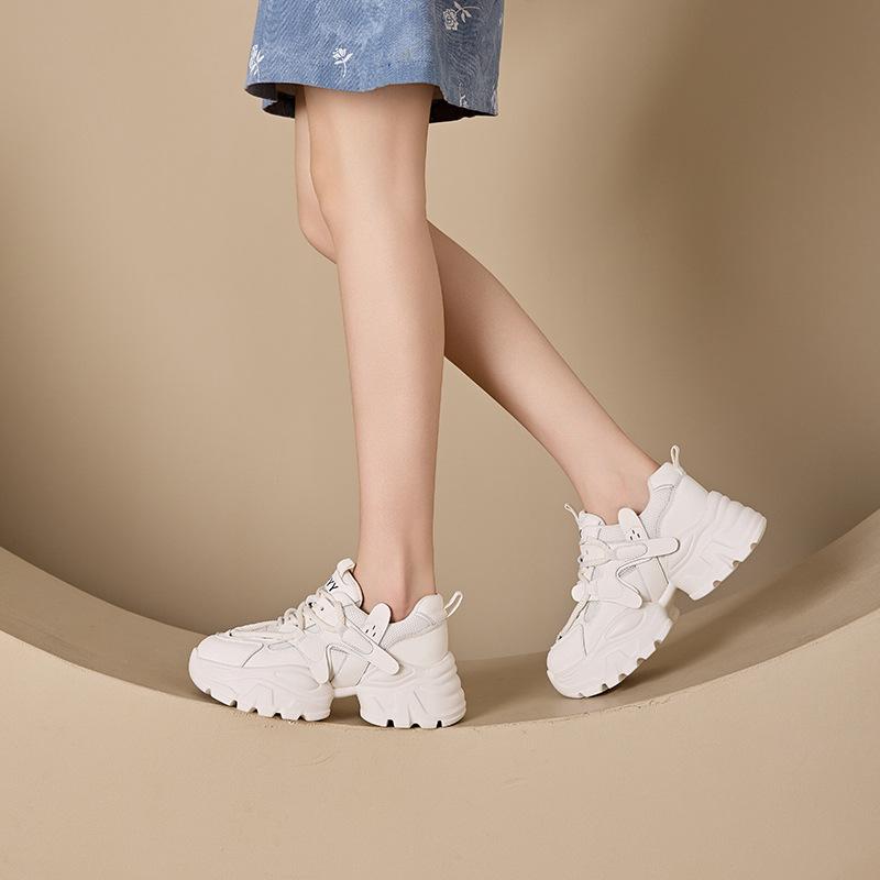 2025 New Leather Dad Shoes Women's Thick-soled Soft-soled Lightweight Double Mesh Breathable Little White Shoes Slim Sneakers