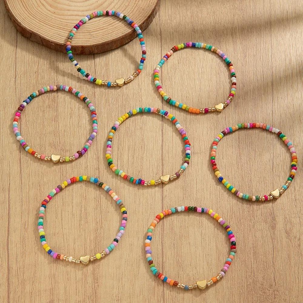 7Pcs Bohemia Random Colorful Beads Bracelets for Women Elastic Beaded Bracelets Girls Party Jewelry