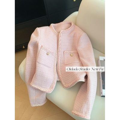 Single Breasted Elegant Cropped Coat Korean Fashion O-Neck Short Outerwear Autumn and Winter Pink Sweet Tweed Jacket Women