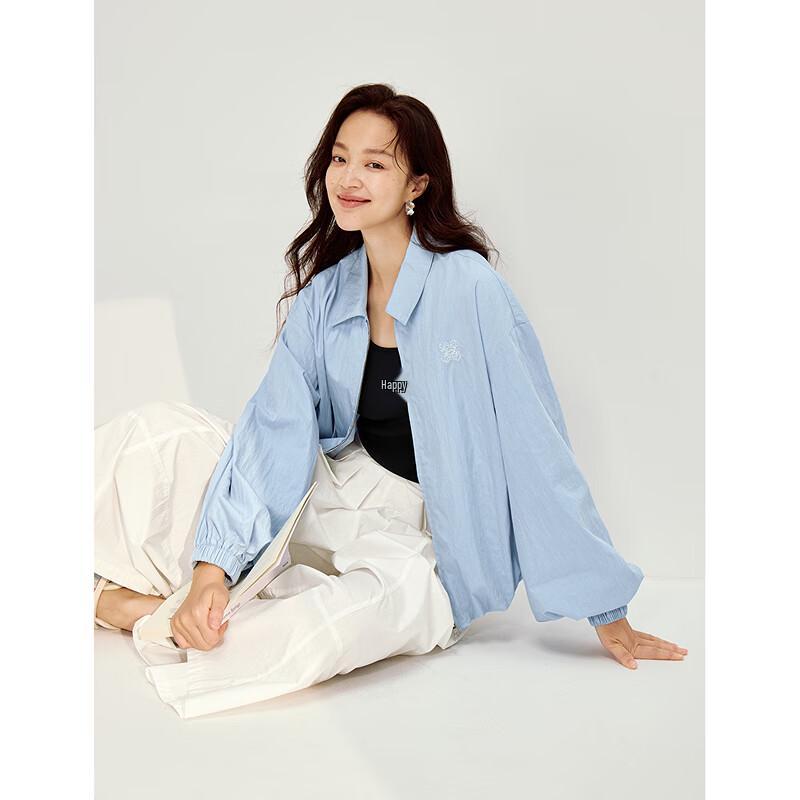 INMAN Women's Floral Embroidered Blue Casual Long-Sleeve Jacket