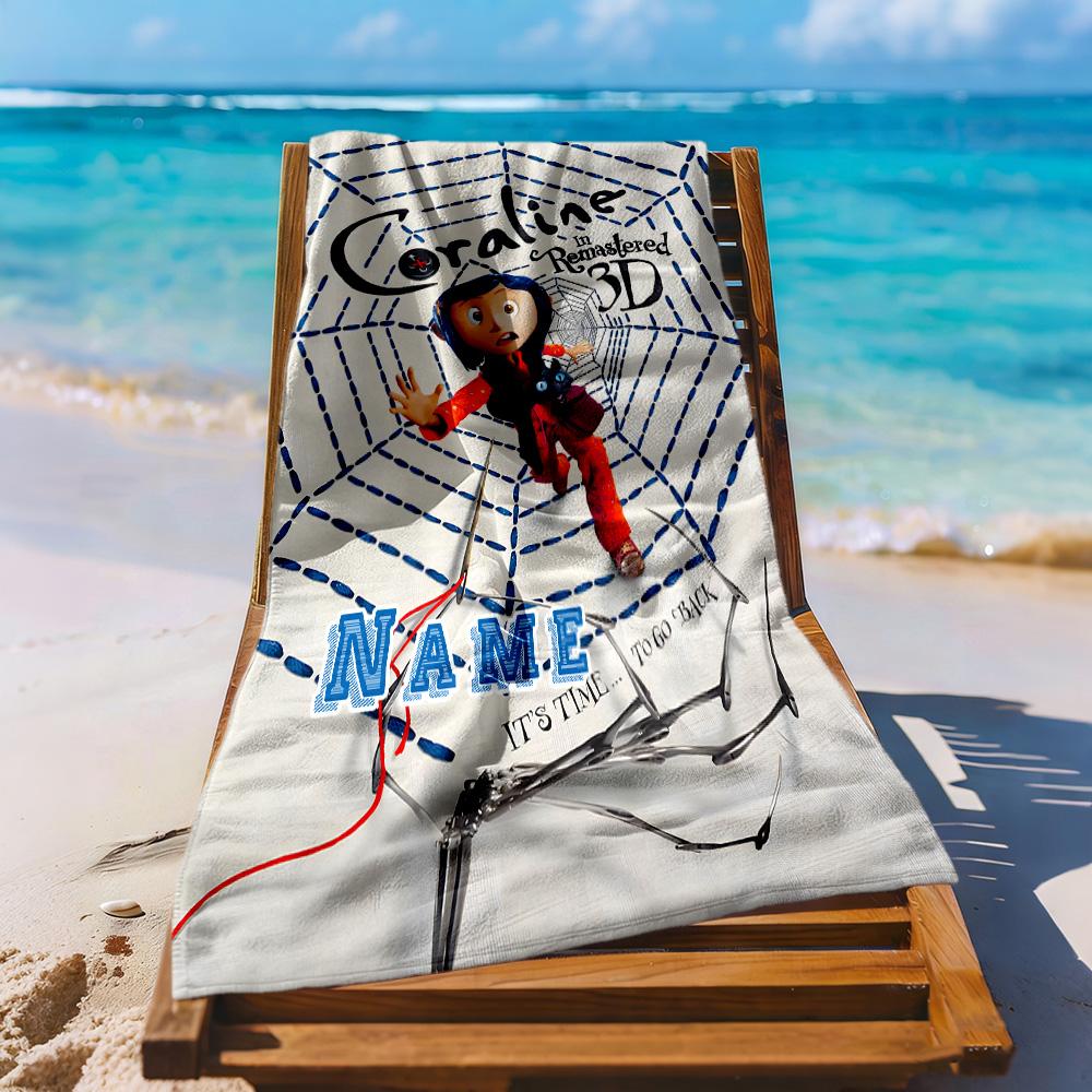 Coraline's Web Adventure Customized Name Beach Towel High Absorbency & Quick-Dry Perfect for Traveling Yoga Camping and Swimming