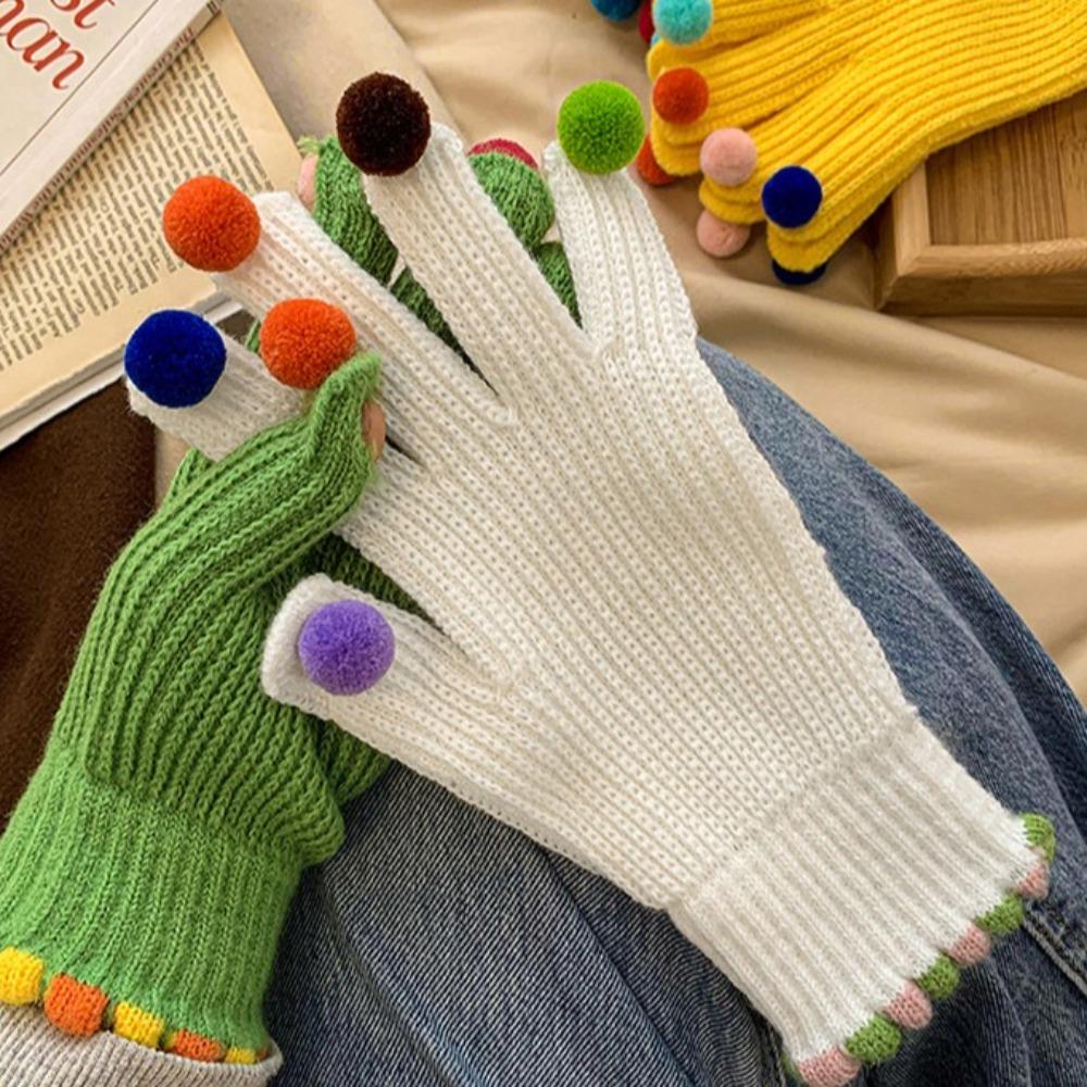 Knitting Gloves Colorful Hairball Cycling Driving Gloves Full Finger Mittens Autumn