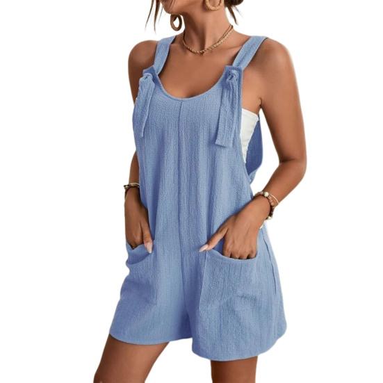 Lady Summer Romper Wide Leg Casual Double Pocket Sleeveless Solid Color Daily Wear U Neck Short Deep Crotch Ladies Overall Women Clothing
