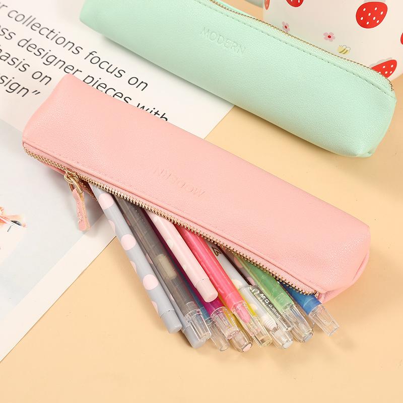Mini Pencil Bag PU Solid Color Student Supplies Kawaii Zipper Bags Pencil Case Pouch School Office Stationery Supplies