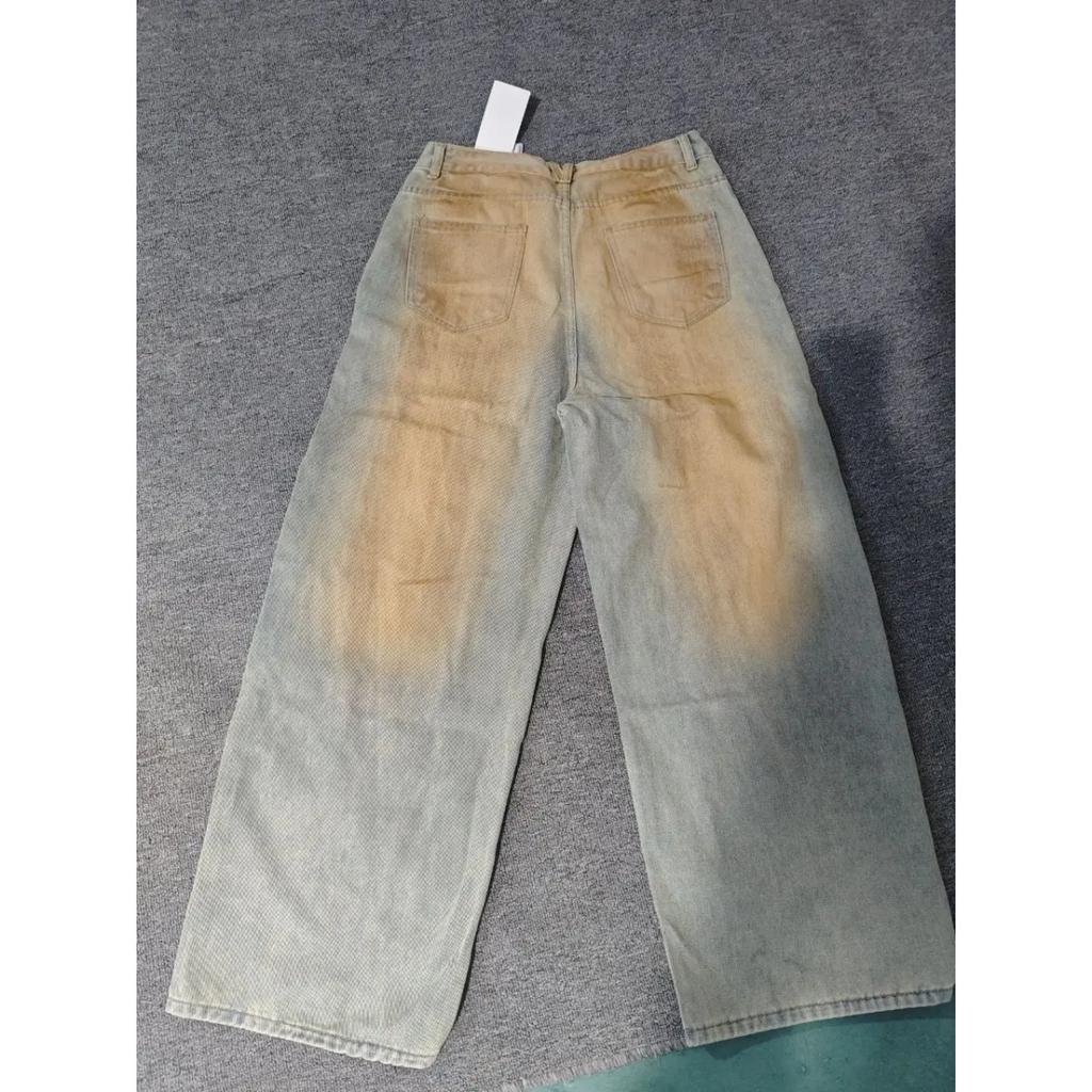 Y2K Vintage Washed Letter Print Denim Jeans High Waist Cotton Straight Leg Streetwear Long Trousers