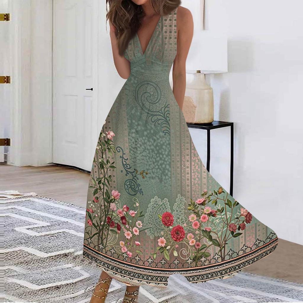 Women's Fashion Casual Loose V-Neck Sleeveless Printed Dresses