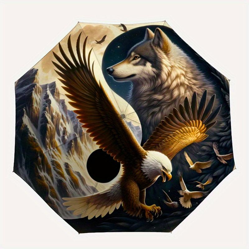 1pc Wolf and Eagle Yin Yang Automatic Opening and Closing Umbrella - Lightweight 3-Fold Design, Suitable for Fans, Travel, Daily Use, Interesting