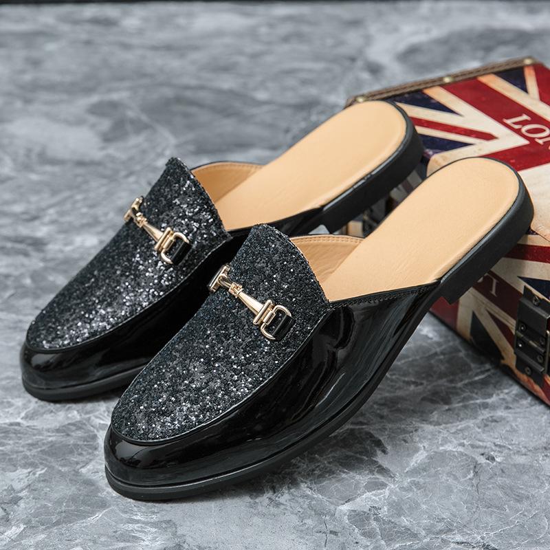 

Half slippers men s summer bag head without heel lazy pointed head leather shoes men s outer wear embroidered half tray shoes Douyin distribution 38 чёрный