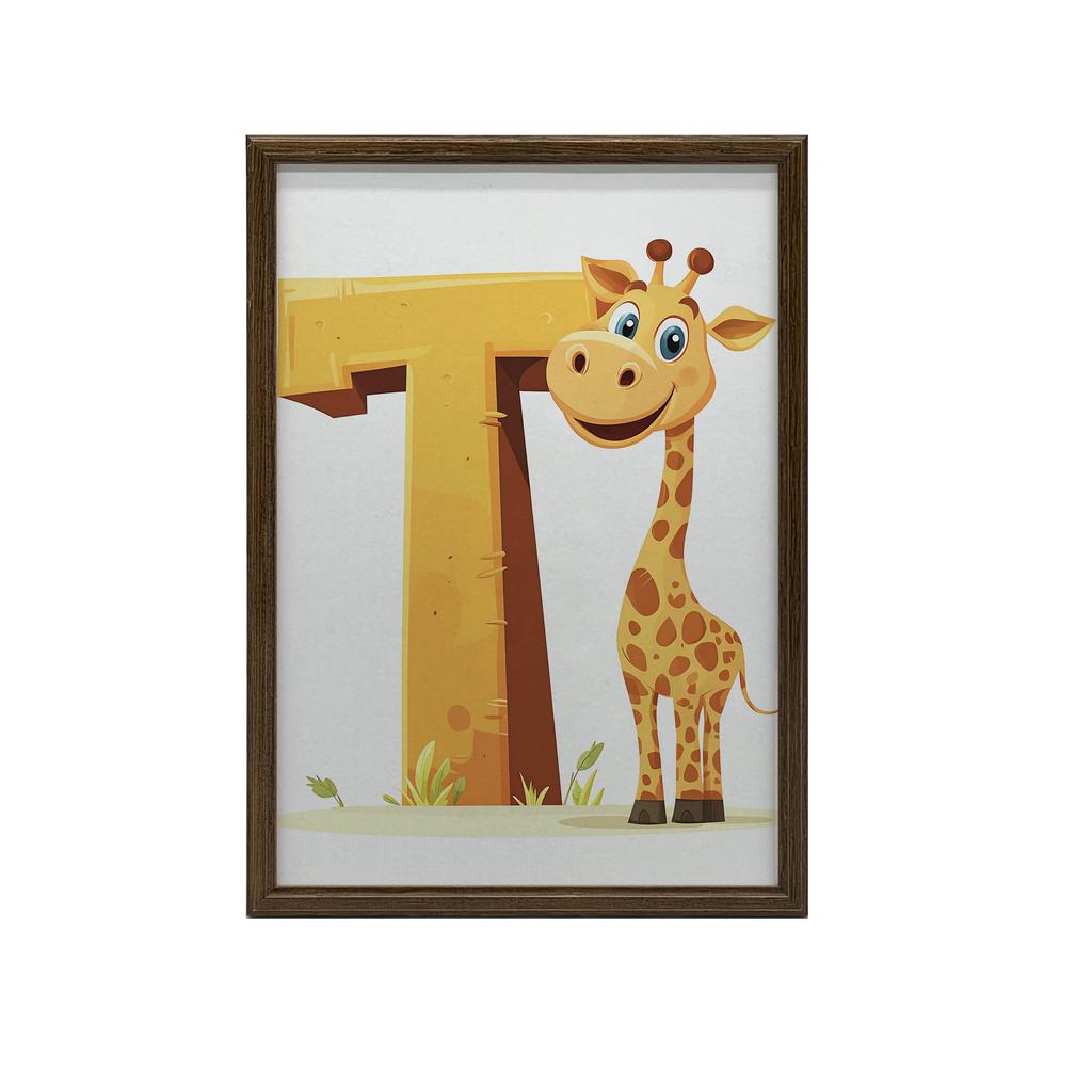 Poster Lächelnde Giraffe mit dem Buchstaben T Poster Lächelnde Giraffe mit dem Buchstaben T, 30X40 cm, Holzrahmen Dunkelbraun, Mattpapier 230 g/m²
