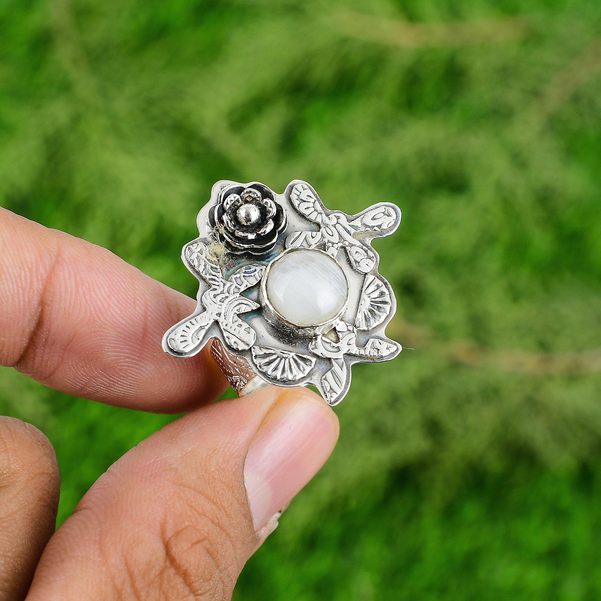 

925 Sterling Silver Crown Chakra Rainbow Moonstone Gemstone Sister Flower Ring Adjustable