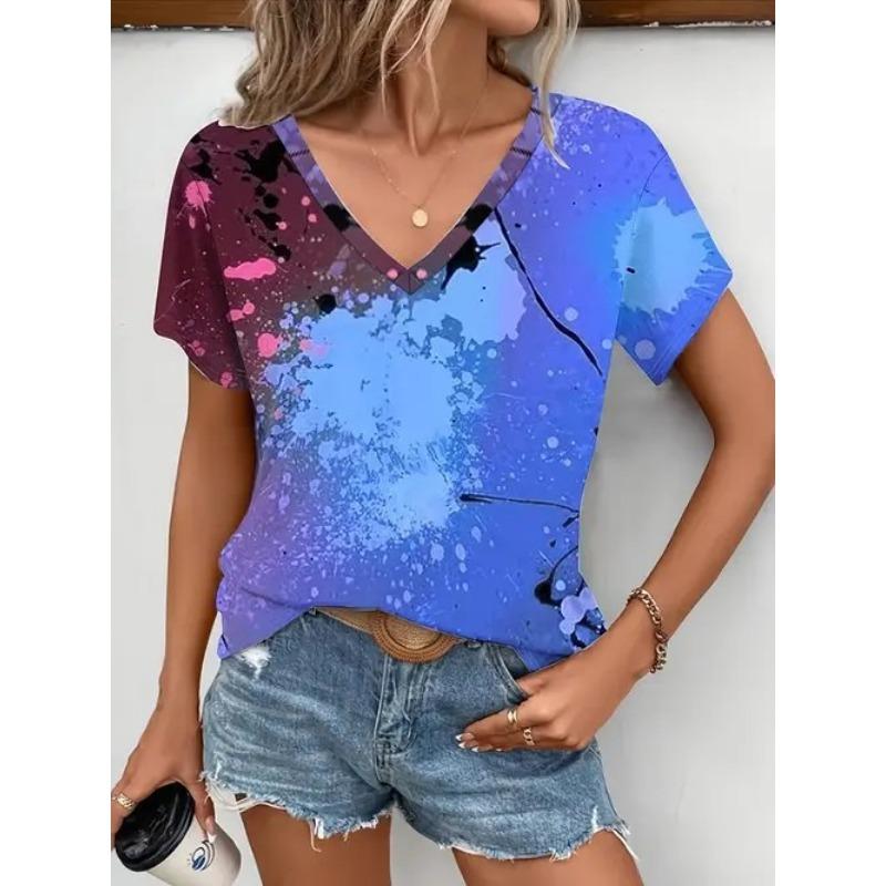 Spring Summer Short Sleeved T-shirts for Women Trendy Short Sleeved Tops V-neck Short Sleeved Tops Retro 3D Printed Shirt