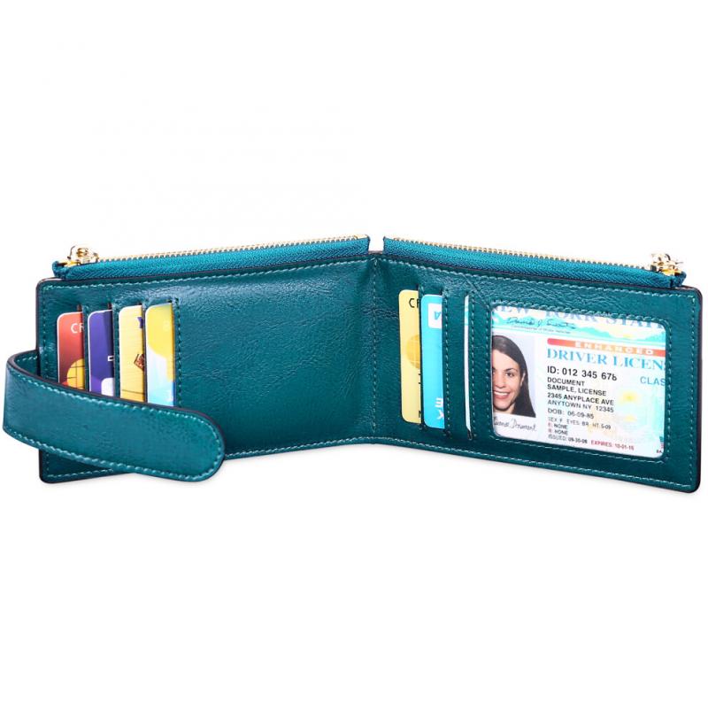 Womens AirTag Wallet Genuine Leahter Bifold Credit Card Holder with Built-in Integrated Case for AirTag Blue