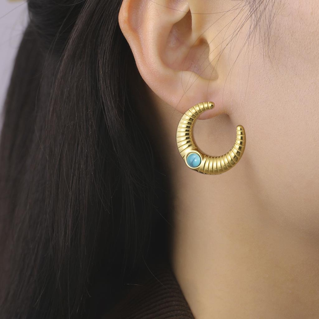 Teamer Turquoise Crescent Stud Earring For Women Girls Gold Color Stainless Steel Simple Style Fashion Jewelry Birthday Gift
