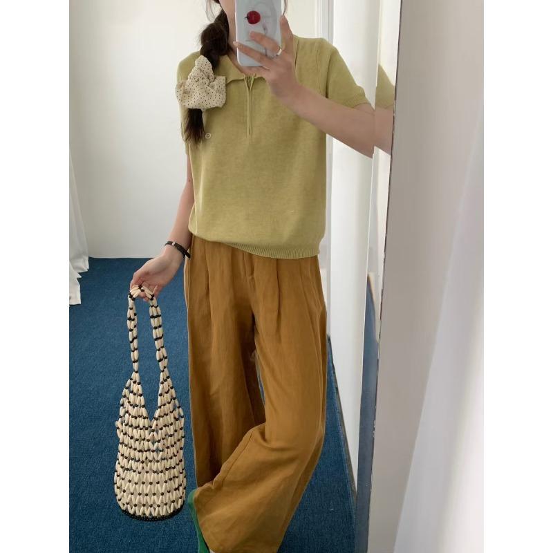 

Весенний новый трикотажный свитер с коротким рукавом и половинной молнией под горло, топ простого и универсального дизайна, женская футболка One size желто-зеленый