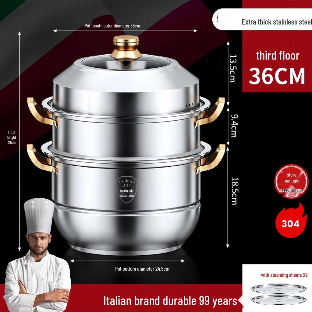 Großvolumiger Dampfkochtopf aus 316 Edelstahl mit 2/3/4 Einsätzen für Suppe, Mantou und Fisch