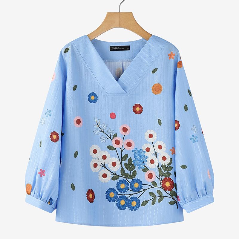 ZANZEA Women Casual V-Neck 3/4 Sleeve Loose Floral Print Blouse