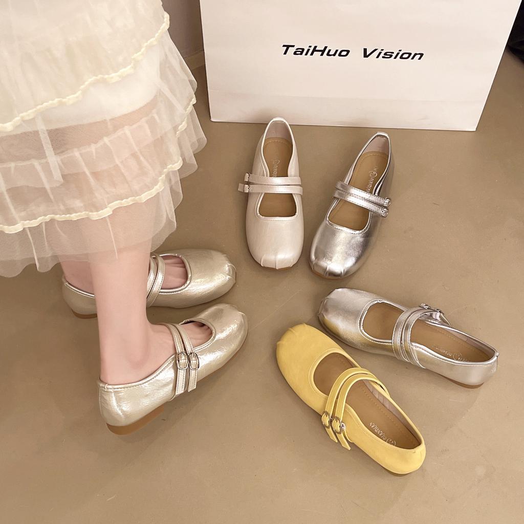 Retro Silver French Flat Bottom Light Mouth Single Shoes Women's 2025 Spring and Summer New Flat Bottom with Skirt Mary Jane Shoes
