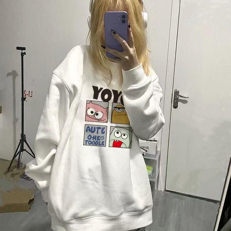 Women's Japanese INS-Style Round Neck Sweatshirt, Merade Color, College Style, Autumn/Winter, Plus Velvet, Warm, Loose Long Sleeve Top