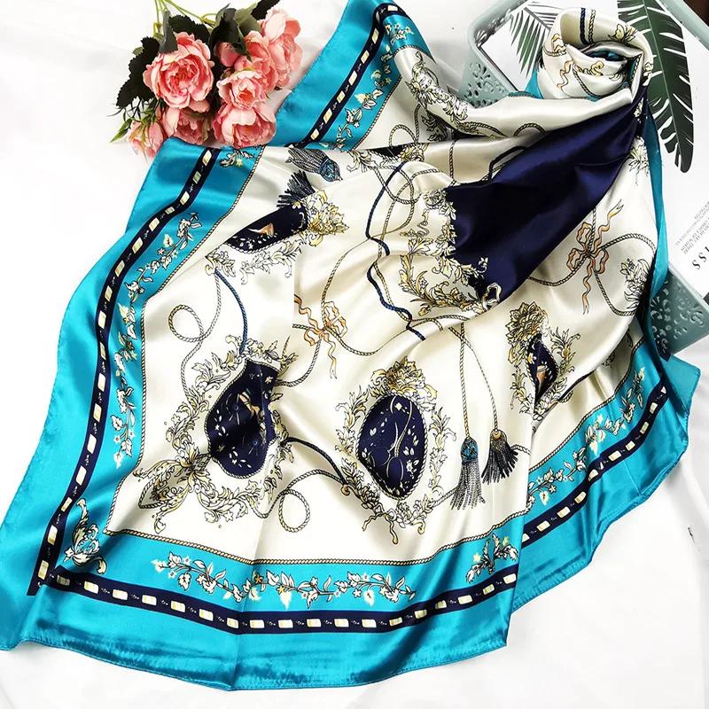 90cm Neckerchief Silk Satin Women Hijab Scaves Fashion Floral Print Headband Neck Scarfs Female Square Shawls Scarfs For Ladies