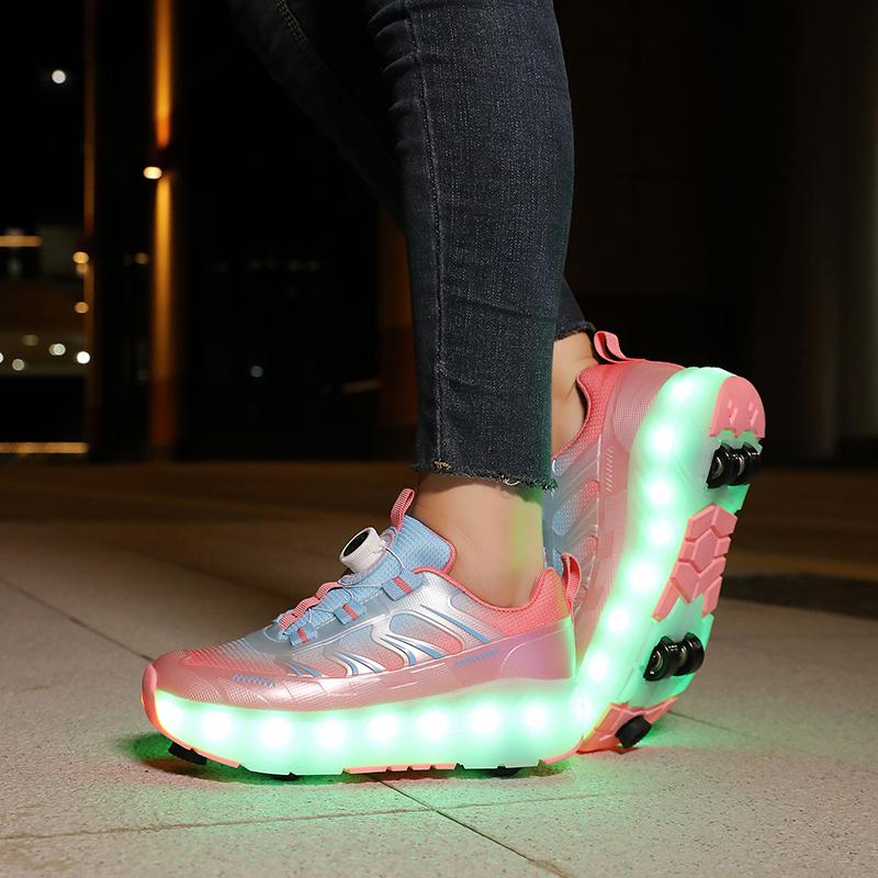 Kid's Roller Skates Removable Flat Charging LED Four Wheels Glowing Sports Shoes Pink Women's Glowing Sneakers