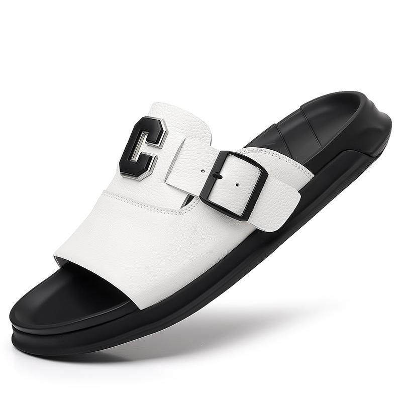 Fashion Men Outwear Genuine Leather Slippers for Men Fashion Buckle Designer Summer Flip-flops Male Casual Non-slip Beach Shoes Man