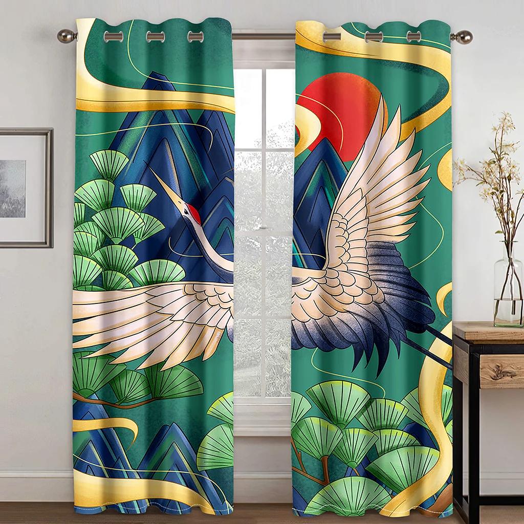 Red Blue Japanese Style Crane Wave Mountain Sun Print High Shading Curtain Bedroom Living Room Hotel Window Curtain 2Panels New