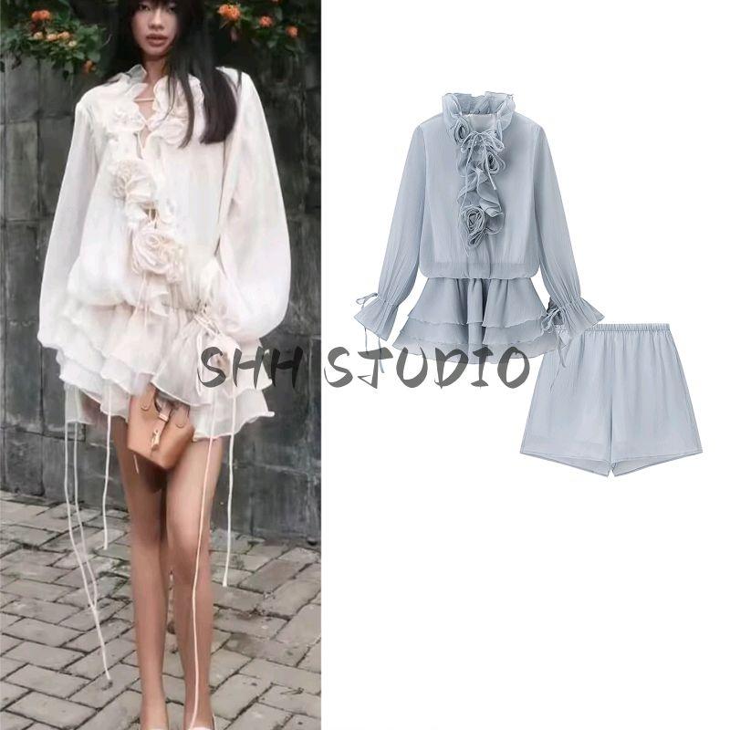 Fall New Women's Clothing French Romantic Style Stand Collar Lantern Long Sleeves Flower Decoration Short Dress Suit