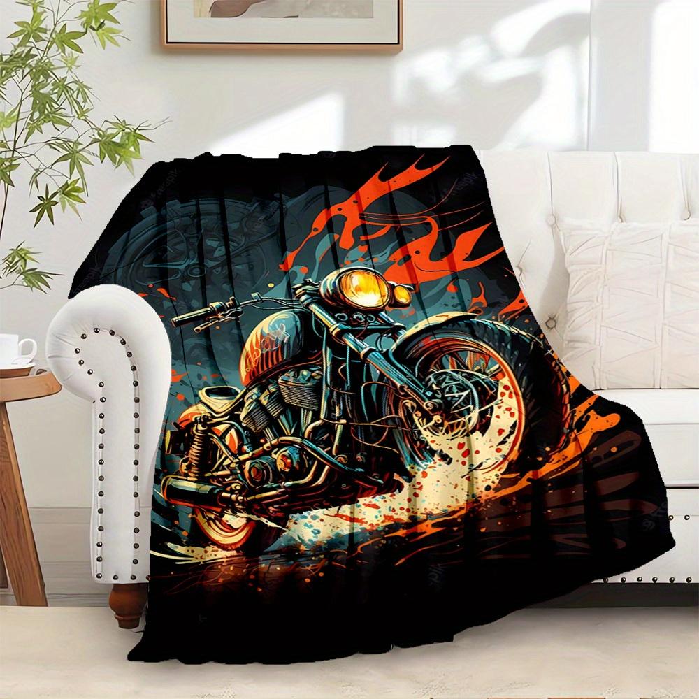 1pc Motorcycle,Flame,Artwork Digital Print Flannel Blanket - Contemporary Style, Suitable for All Seasons, Perfect for Home, Travel, or Camp