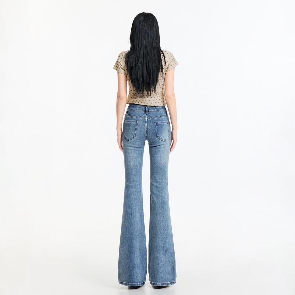 Spring Summer Double Button Waistband Micro Flare Elegant Stretch Casual Denim Pants For Women Casual Pants Oversize Denim Trousers