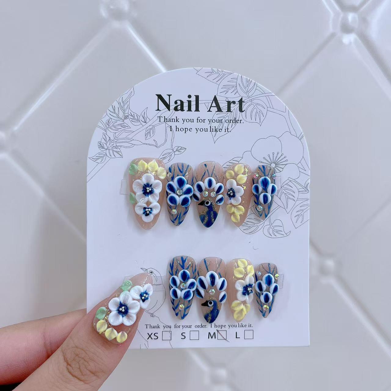 Wearable Armor Handmade 3D Peacock Flower Fairy Almond Nails Small